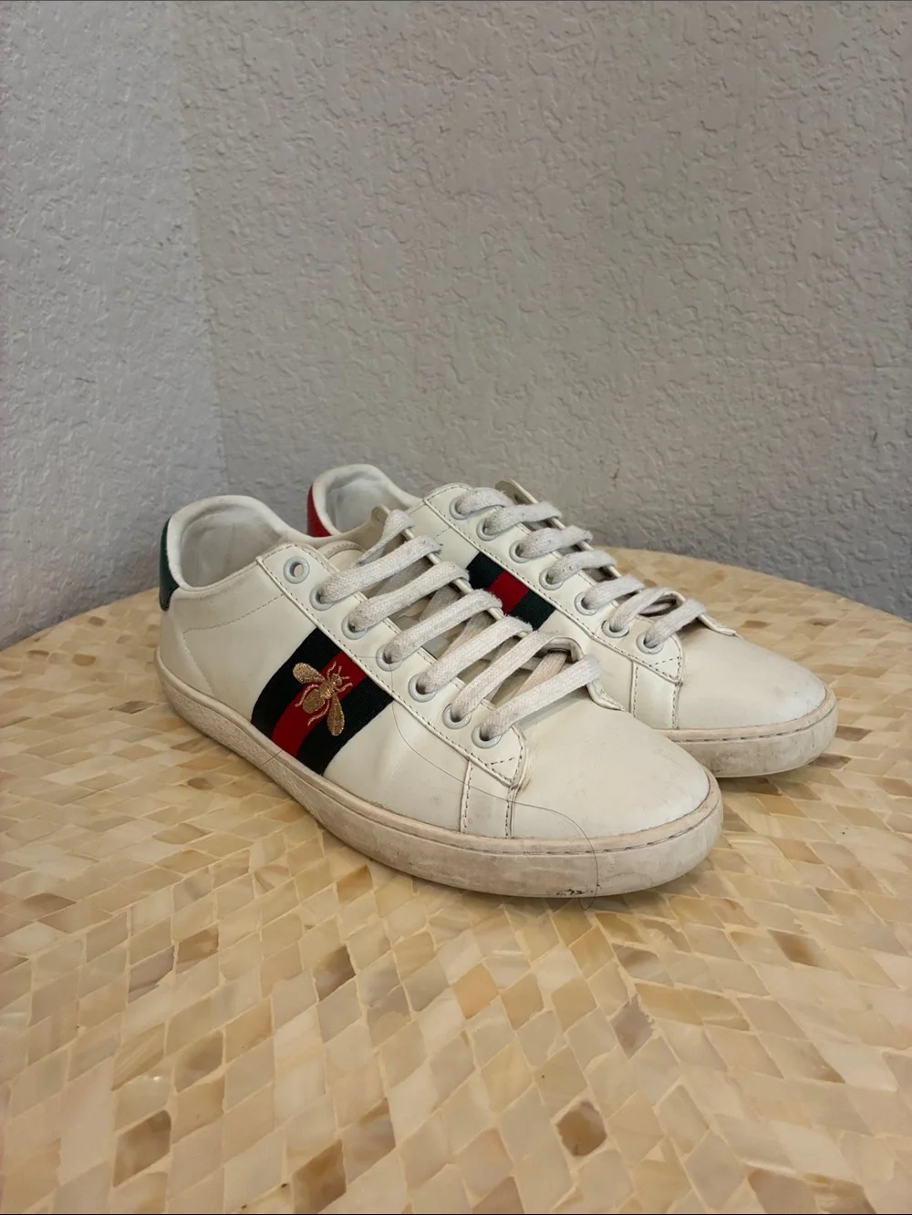 Gucci White Leather Sneakers with Red & Green Stripe and Bee Patch